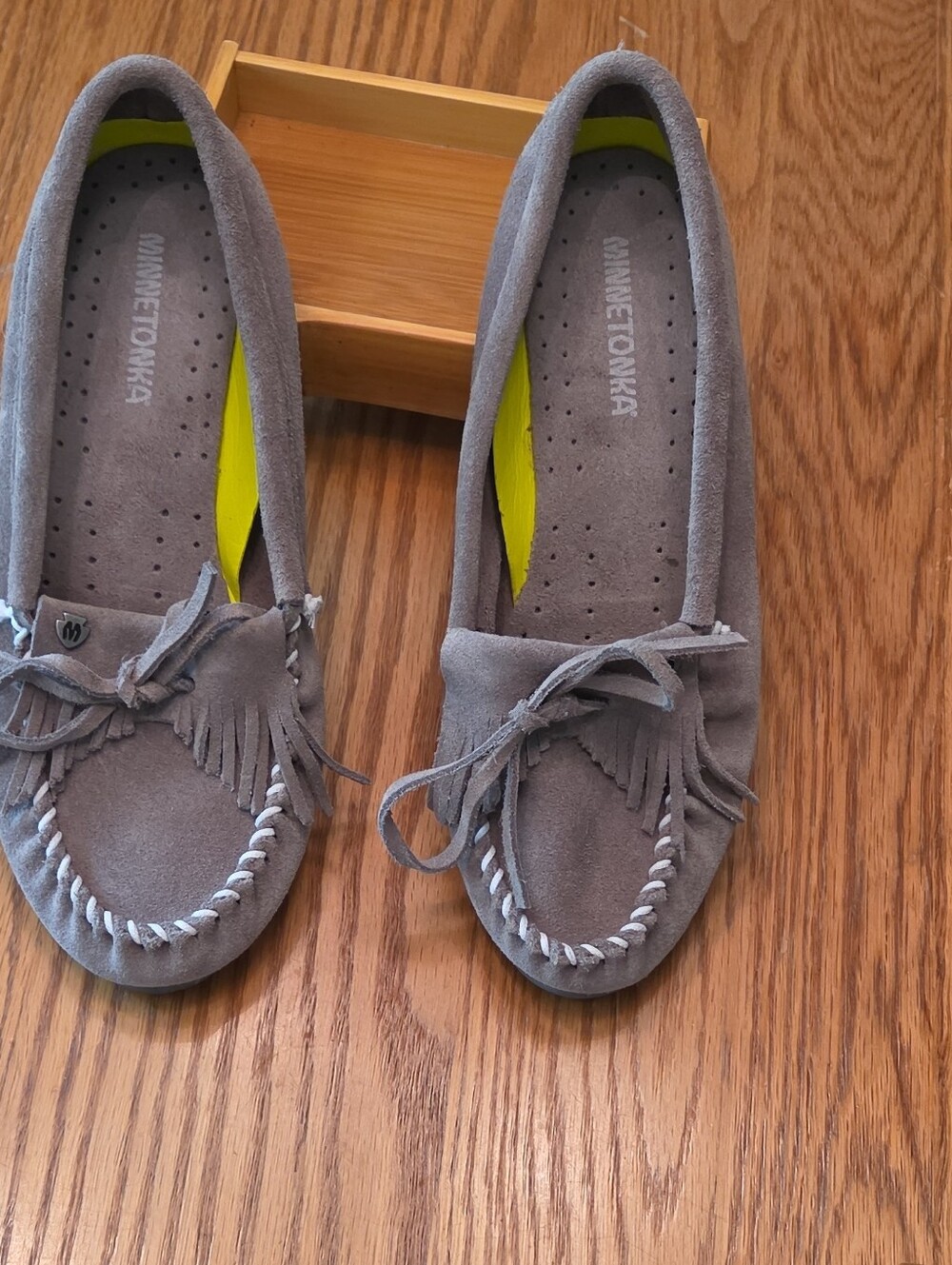 Minnetonka Women's Gray Suede Moccasins with Yellow Insole